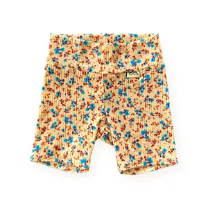 Dainty Floral on Yellow Ribbed Biker Shorts