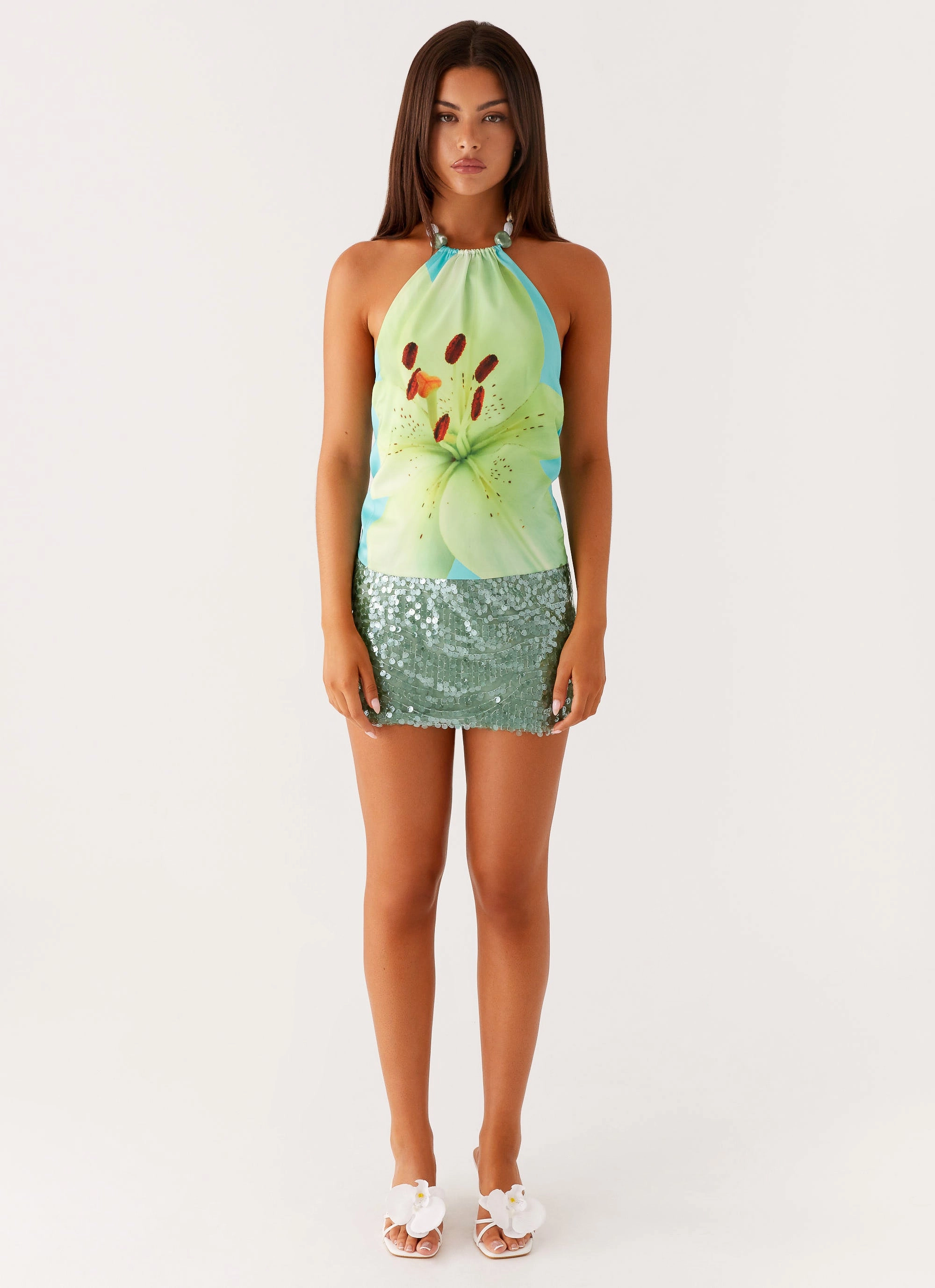 Dalila Beaded Tie Back Top - Turquoise Floral