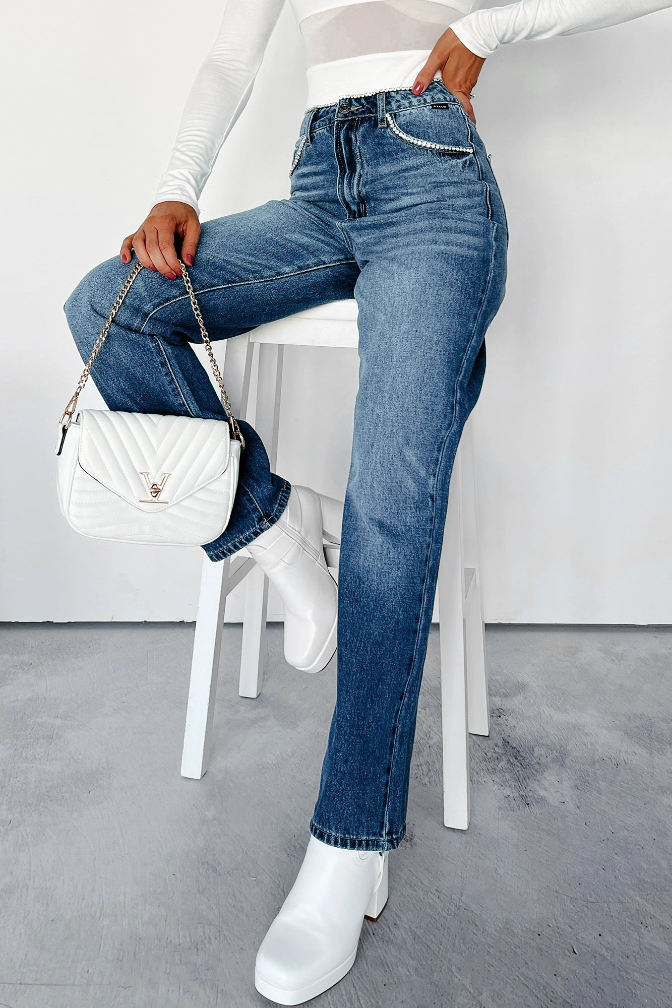 Danson Rhinestone Embellished Cello Dad Jeans (Dark)