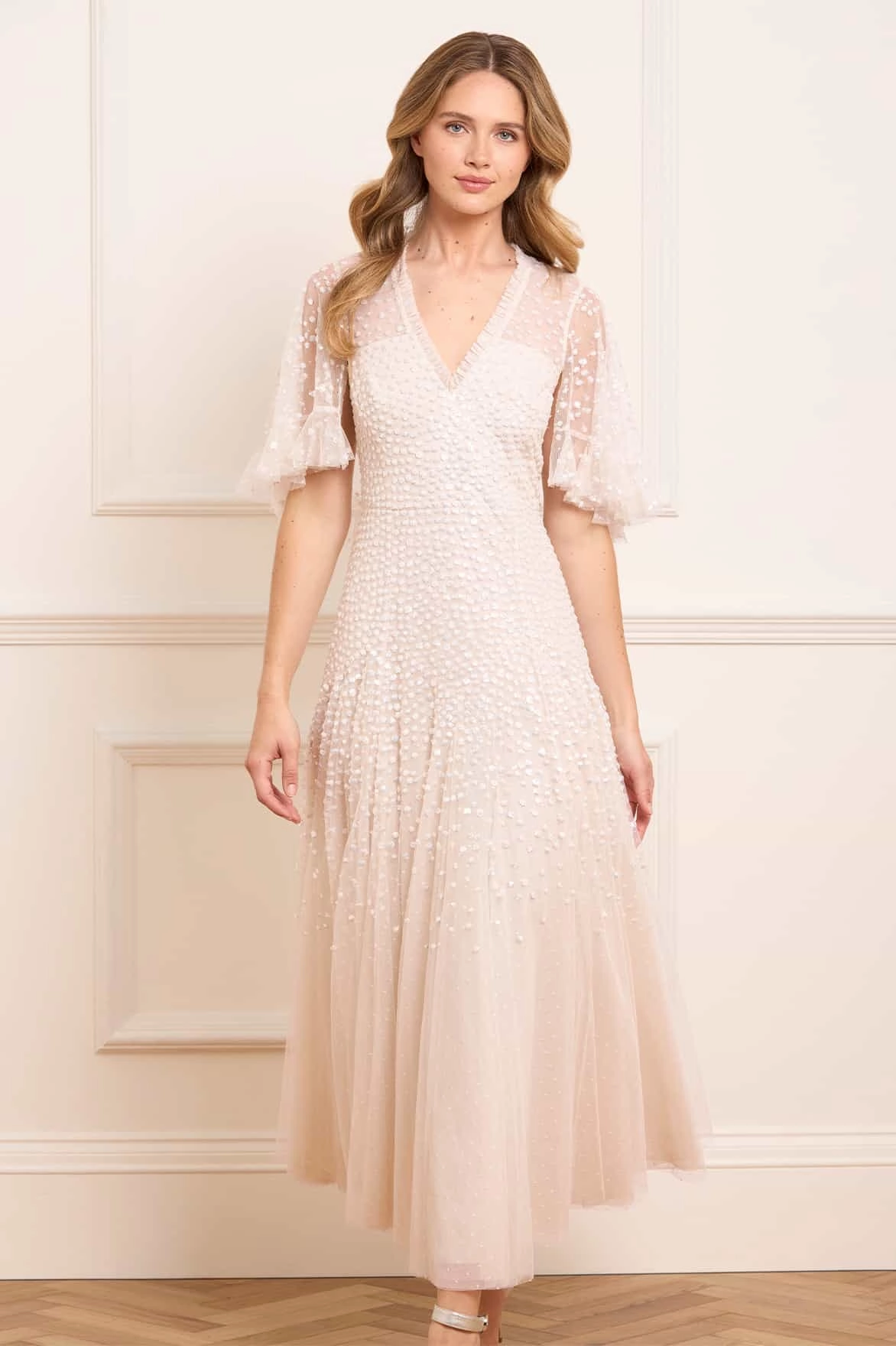 Dappled Sequin Cape Ankle Gown