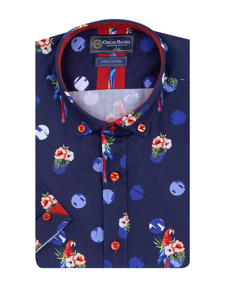 Dark Blue Tropical Parrot Print Short Sleeve Shirt