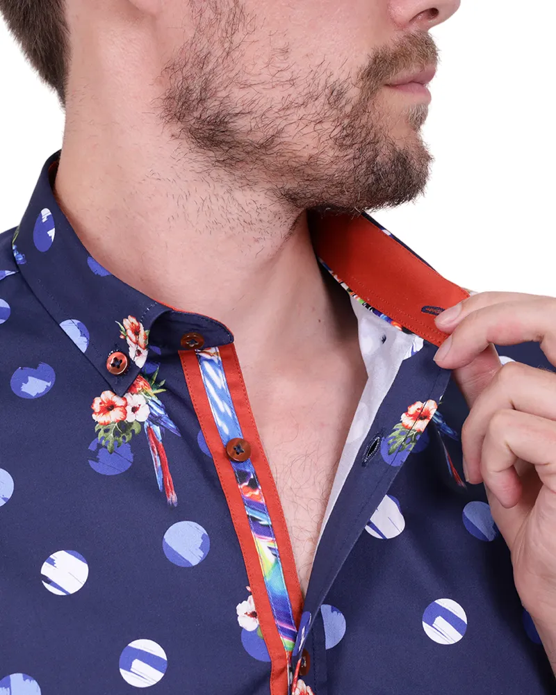 Dark Blue Tropical Parrot Print Short Sleeve Shirt