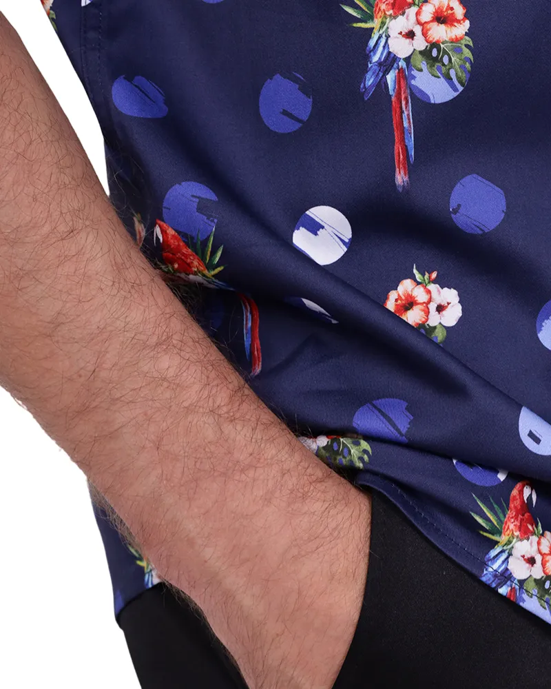 Dark Blue Tropical Parrot Print Short Sleeve Shirt