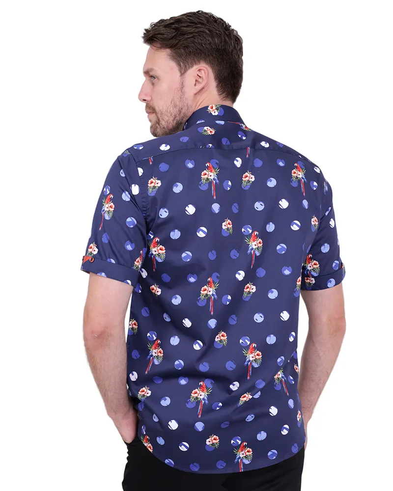 Dark Blue Tropical Parrot Print Short Sleeve Shirt