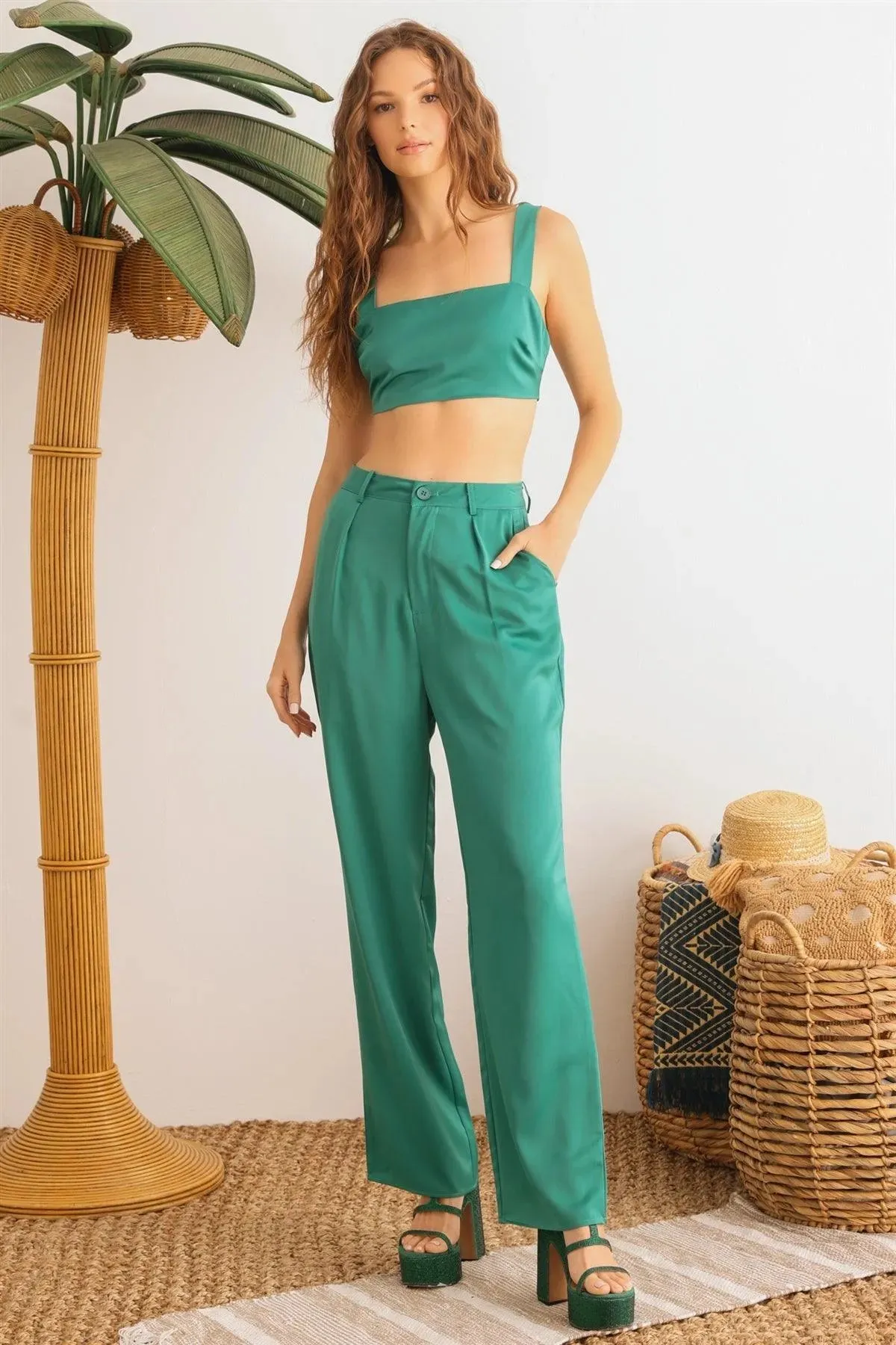 Dark Green Satin Sleeveless Crop Top & High Waist Wide Leg Pants Set /1-2-2-1