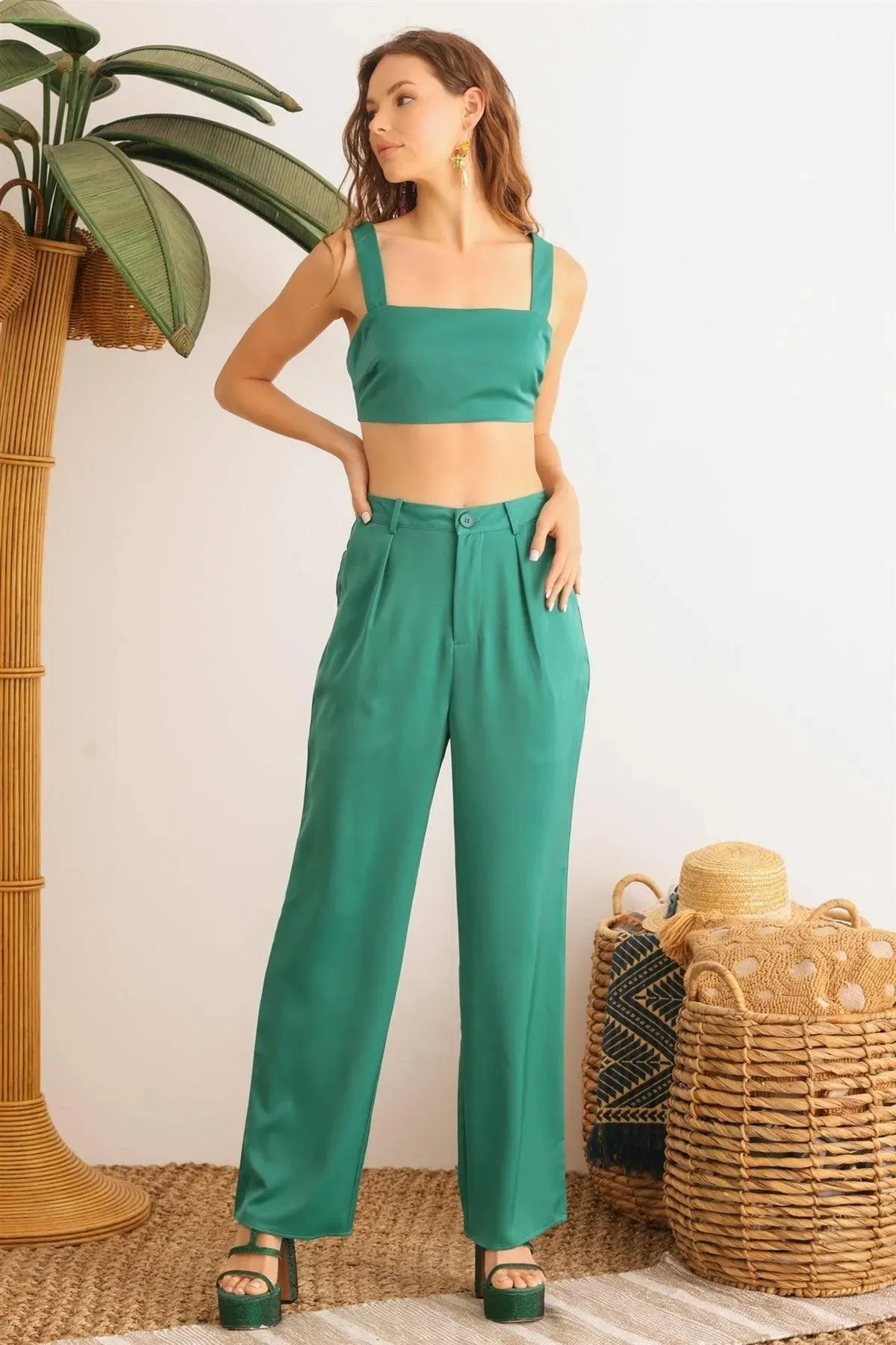 Dark Green Satin Sleeveless Crop Top & High Waist Wide Leg Pants Set /1-2-2-1