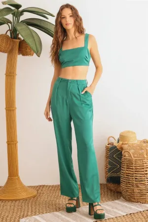 Dark Green Satin Sleeveless Crop Top & High Waist Wide Leg Pants Set /1-2-2-1