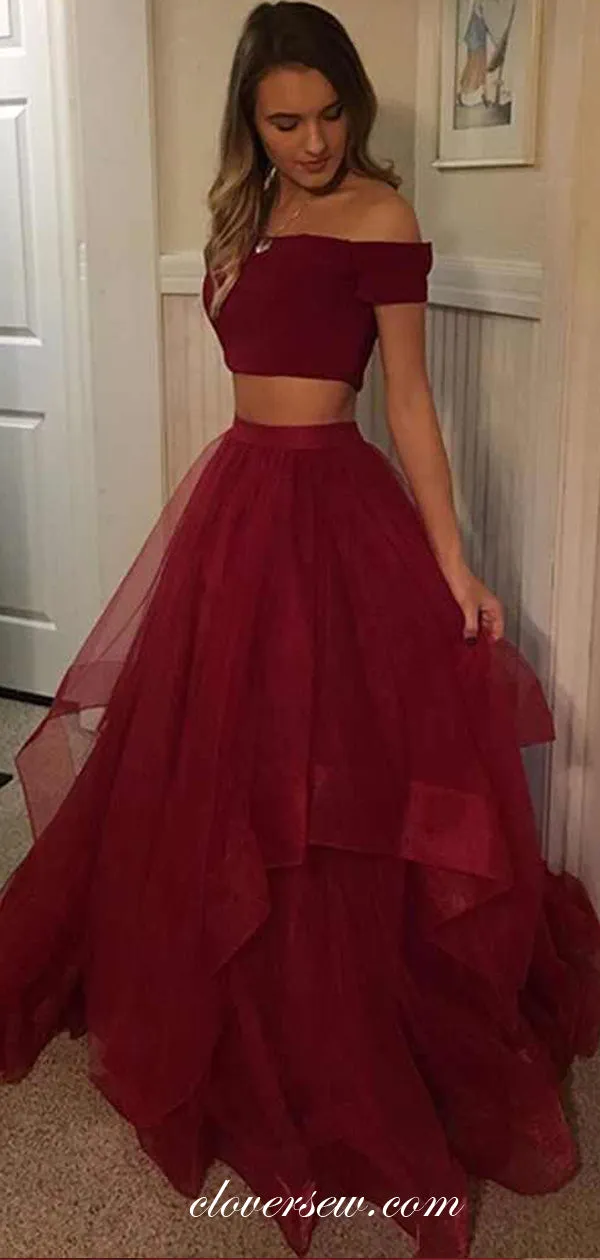 Dark Red Two Piece Off The Shoulder A-line Prom Dresses,CP0219