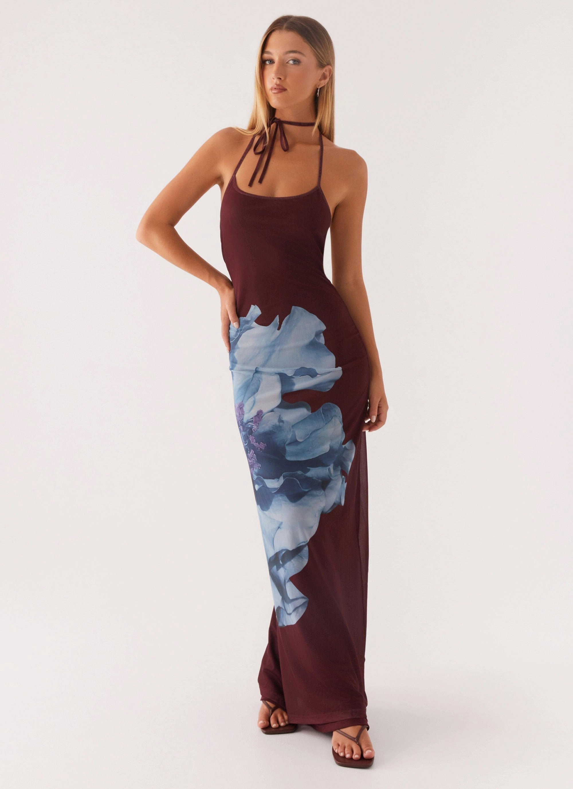 Dayana Halterneck Maxi Dress - Maroon Print