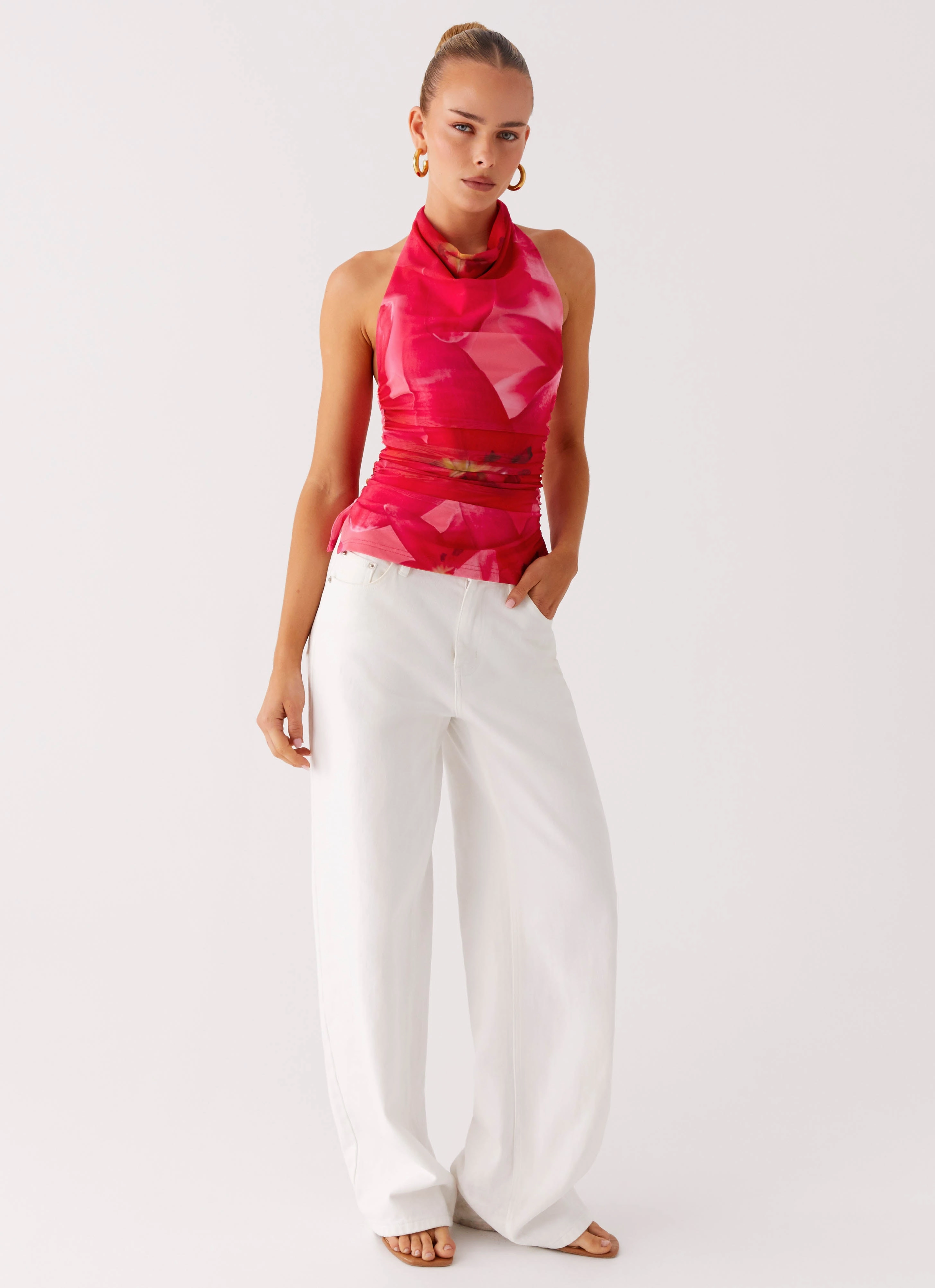 Delany Halter Top - Peach Watermelon Flower