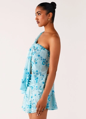 Delight Me Beaded Asymmetrical Top - Blue Delight Me Beaded Asymmetrical Top - Blue
