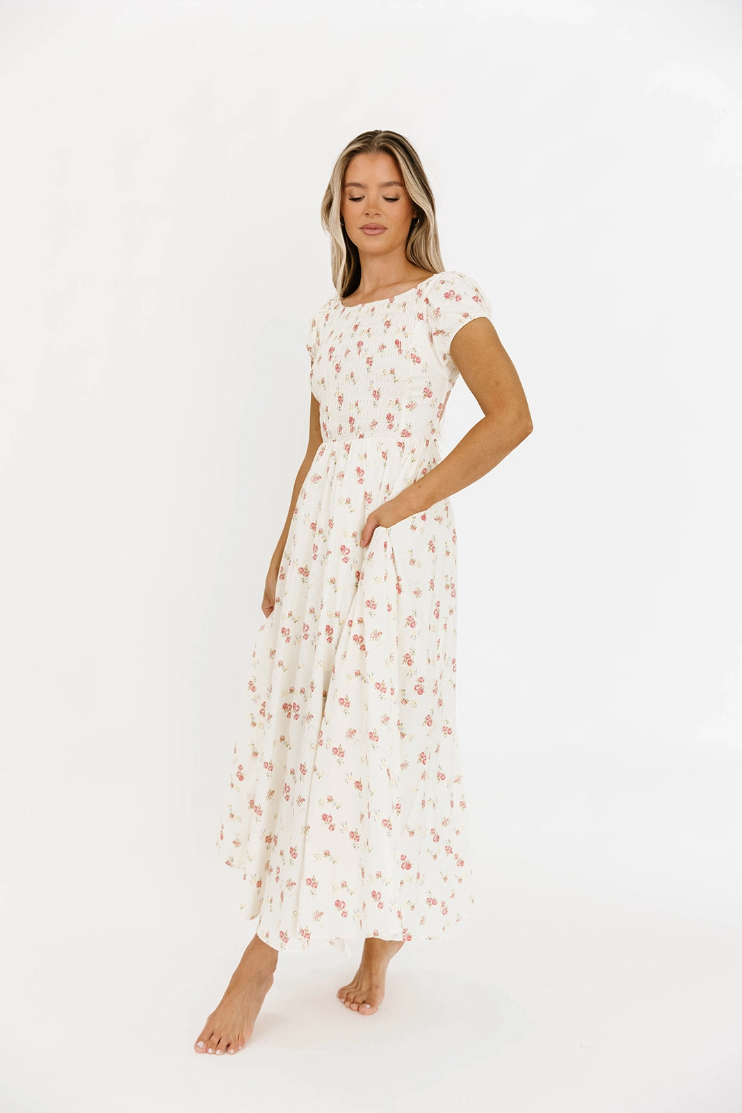 Denise 100% Cotton Smocked Maxi Dress with Piecing and Strappy Back in Cream Floral