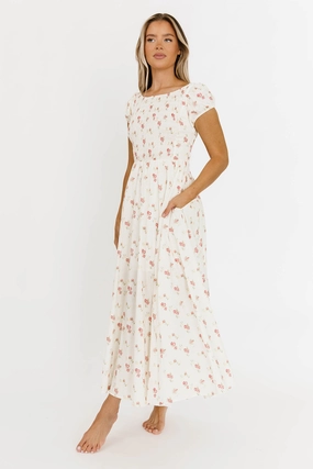 Denise 100% Cotton Smocked Maxi Dress with Piecing and Strappy Back in Cream Floral Denise 100% Cotton Smocked Maxi Dress with Piecing and Strappy Back in Cream Floral