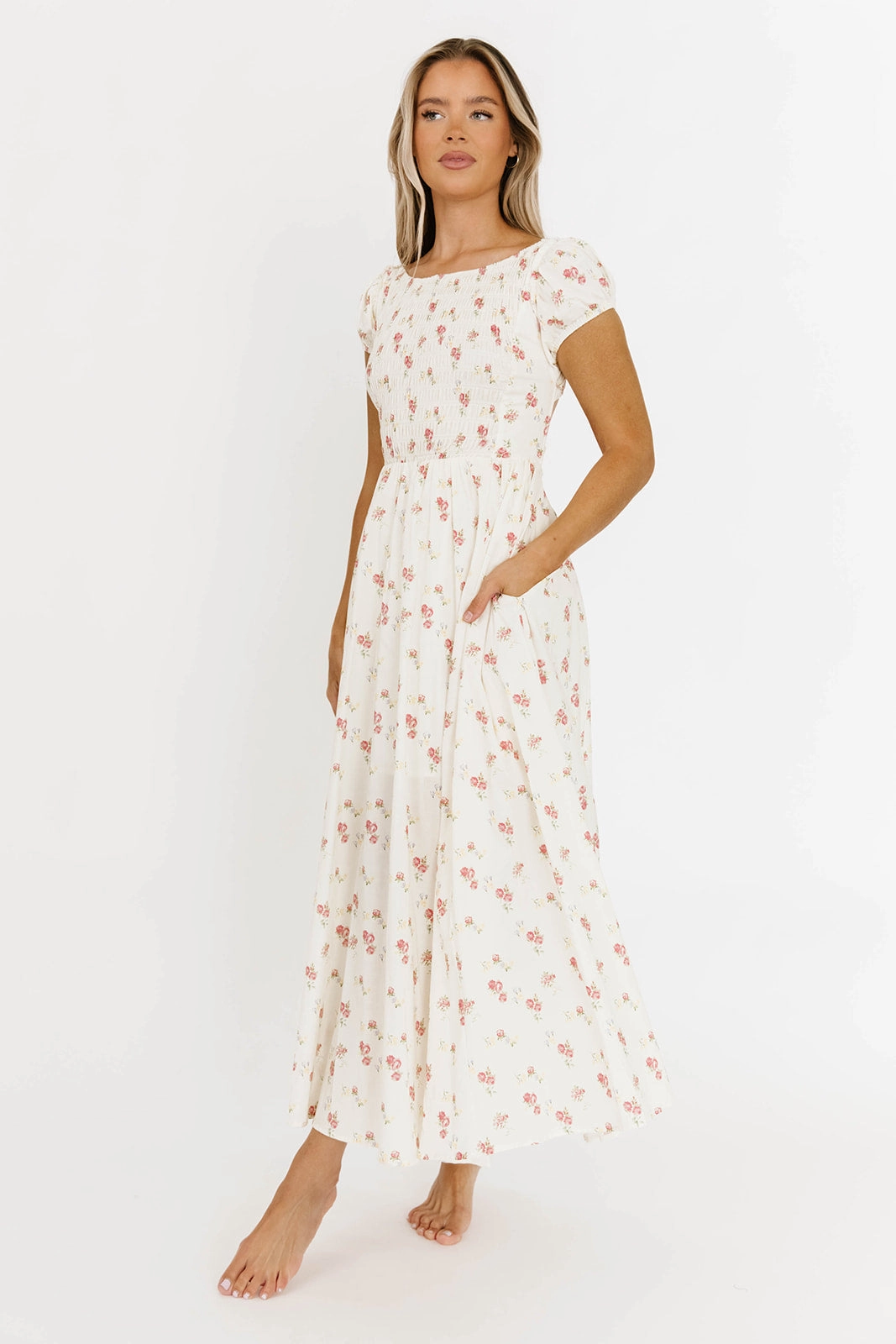 Denise 100% Cotton Smocked Maxi Dress with Piecing and Strappy Back in Cream Floral
