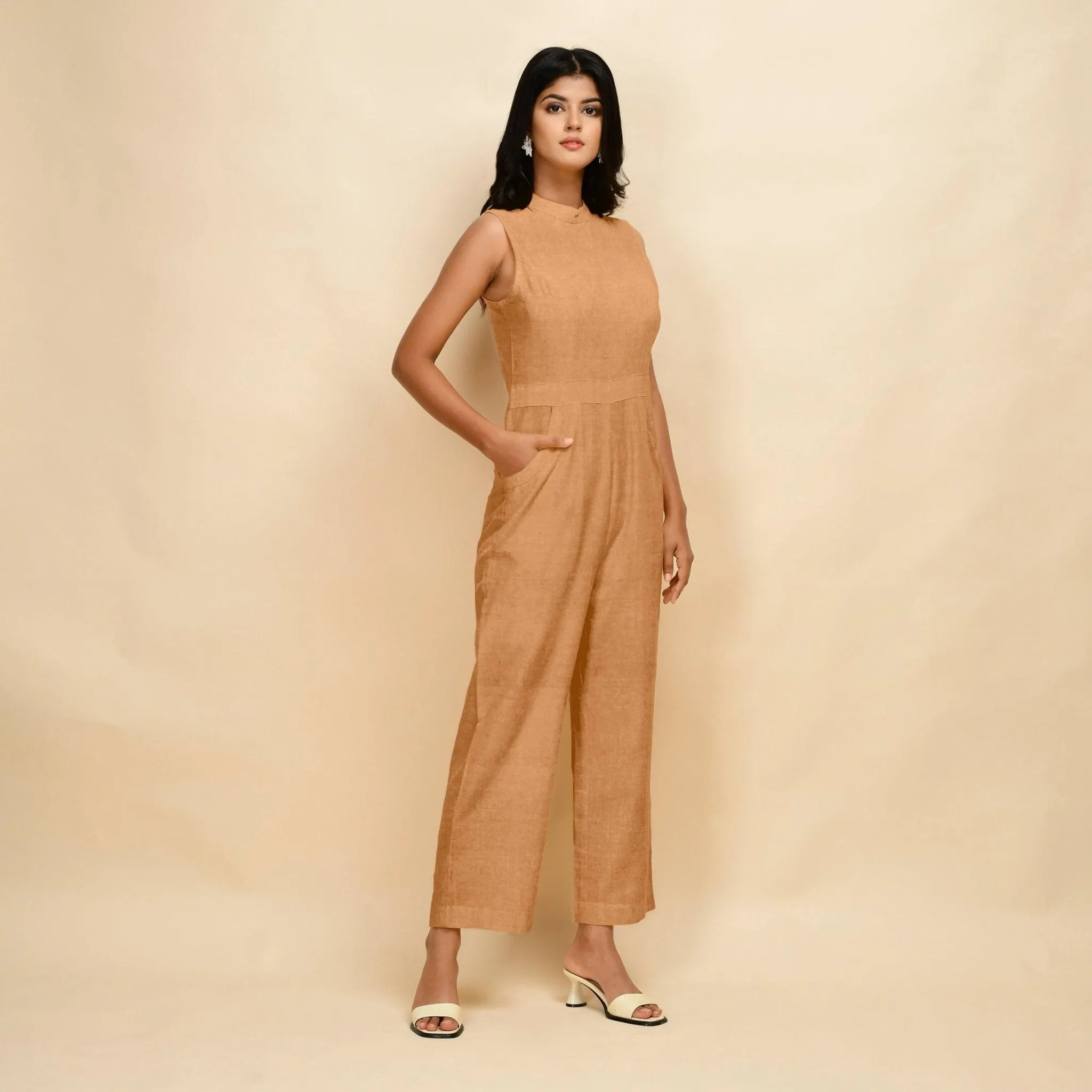 Desert Yellow 100% Linen Princess Line Sleeveless Jumpsuit