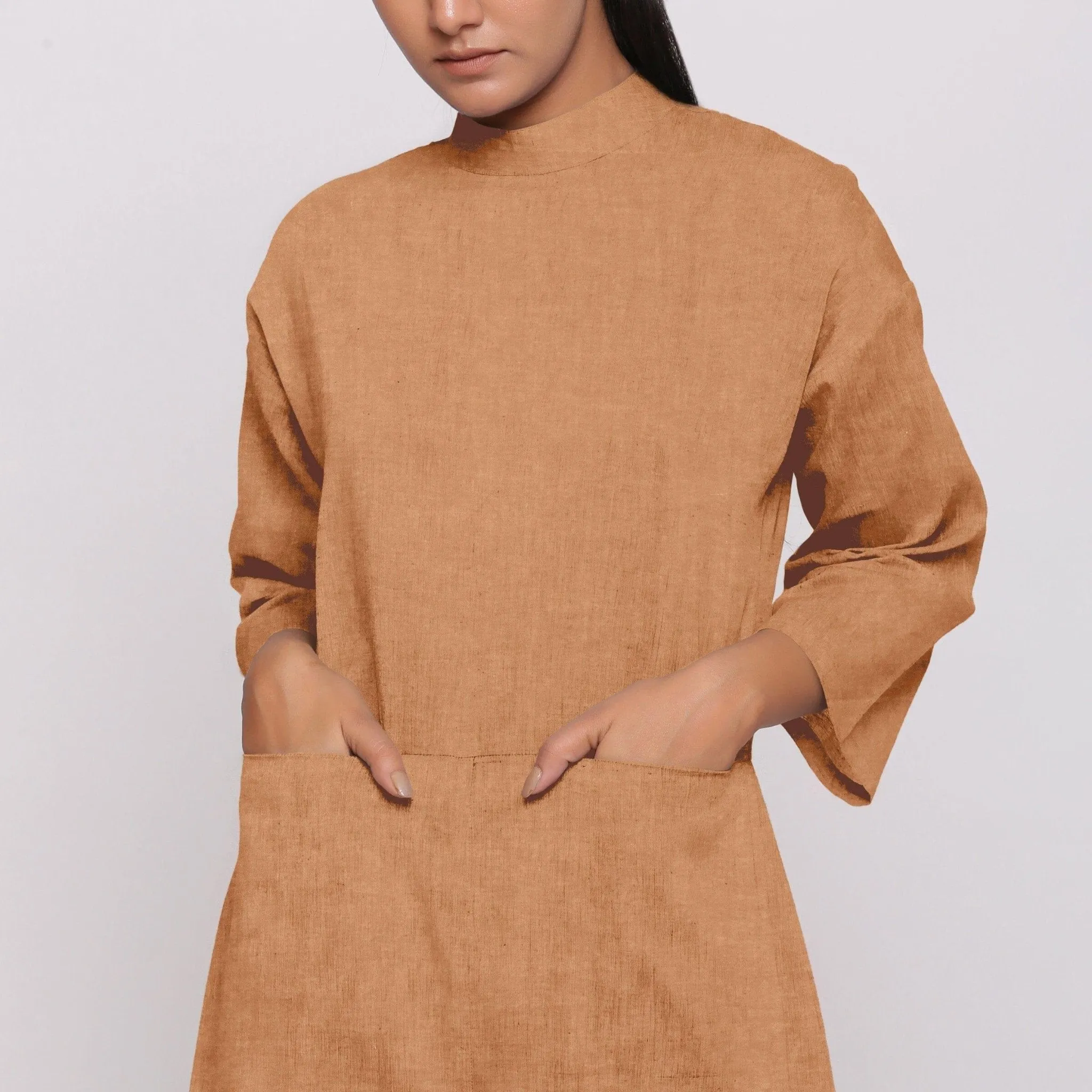 Desert Yellow Cotton Linen Comfort Fit High Neck Jumpsuit
