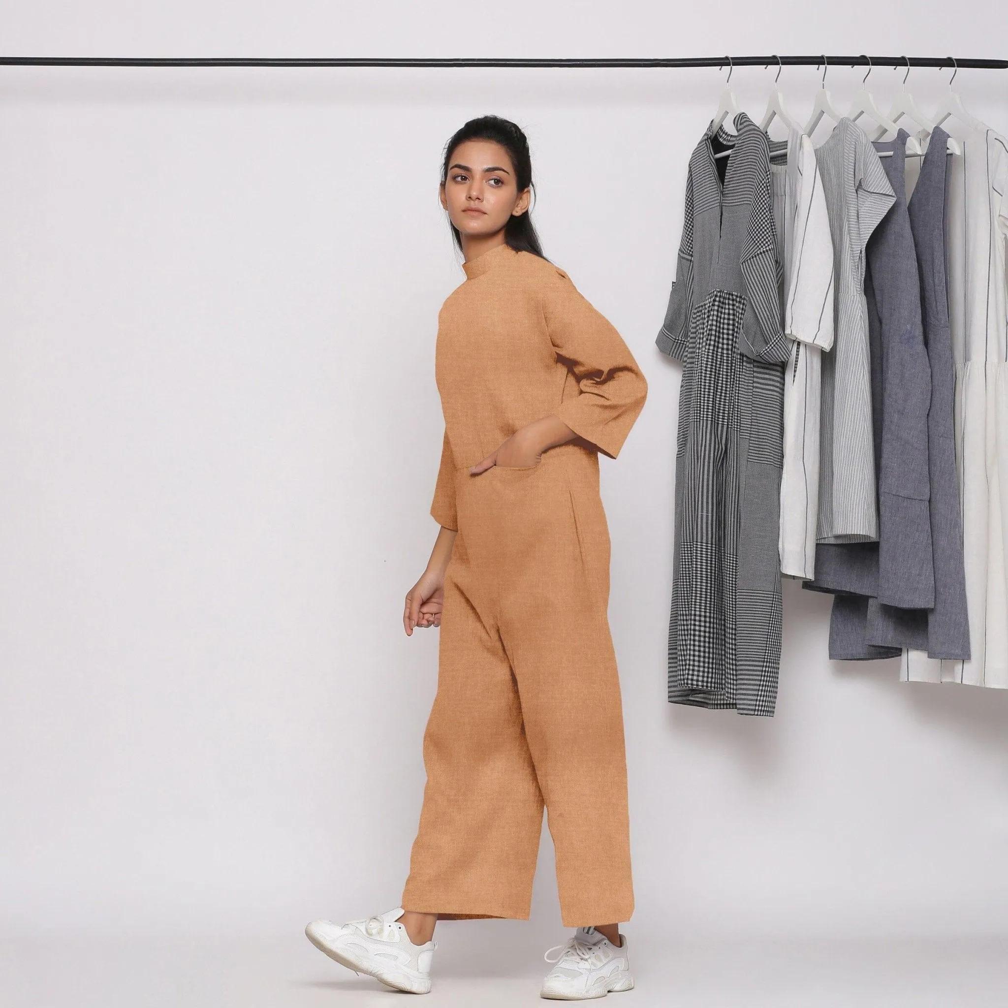 Desert Yellow Cotton Linen Comfort Fit High Neck Jumpsuit