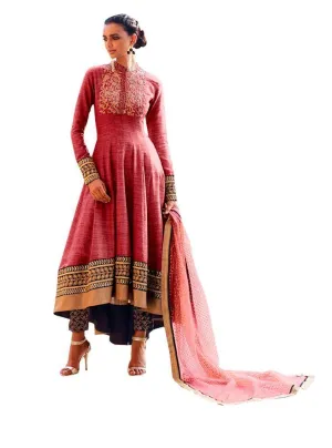 Designer Semi Stitched Reddish Fusion Style Cotton Silk Dress Material NAK11042