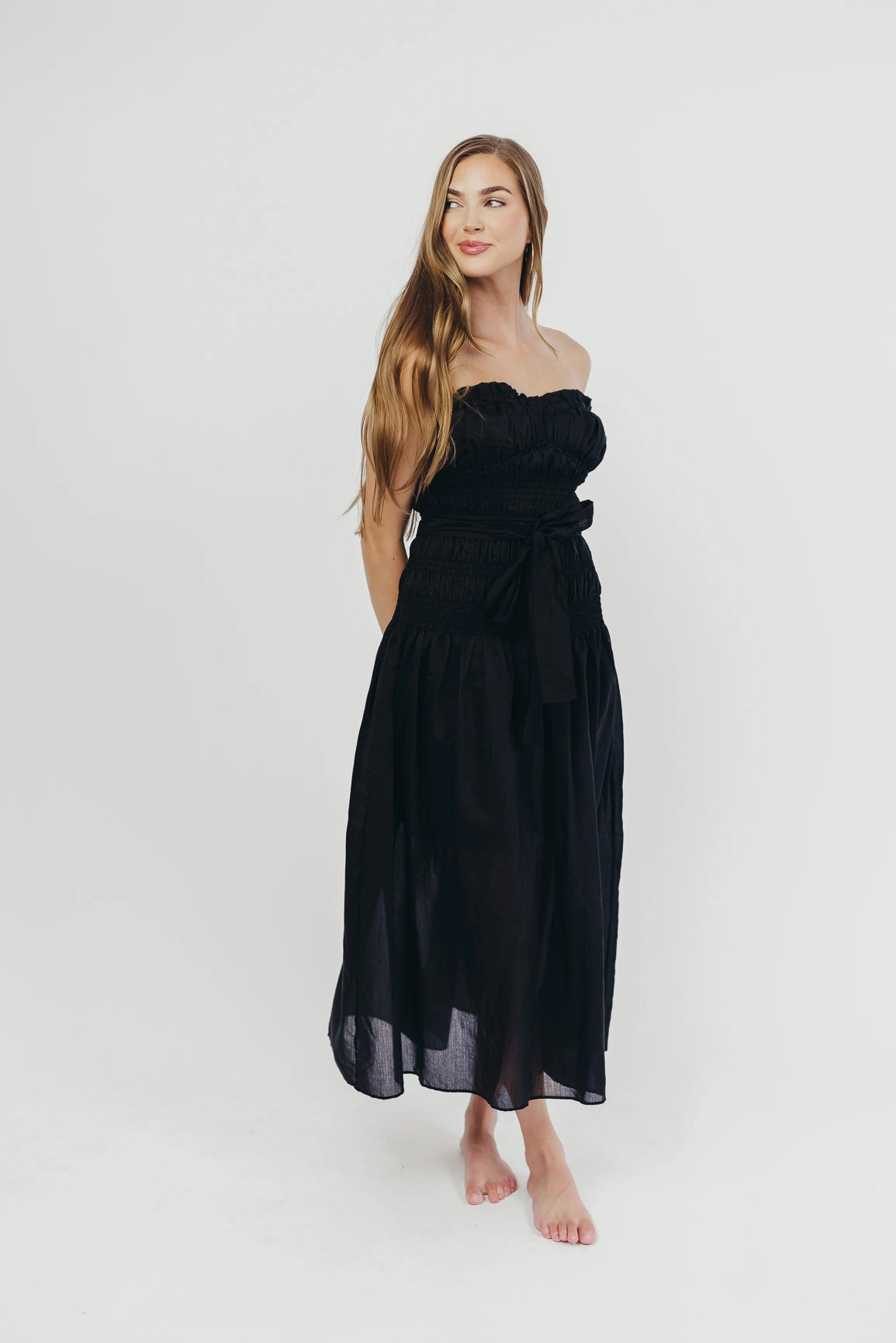 Devin Strapless Midi Dress with Sash in Black