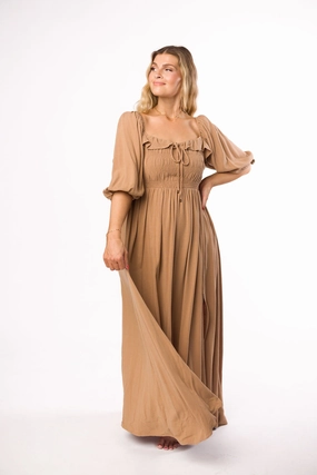 Devon Smocked Maxi Dress in Taupe - Bump Friendly *Final-Sale* Devon Smocked Maxi Dress in Taupe - Bump Friendly *Final-Sale*