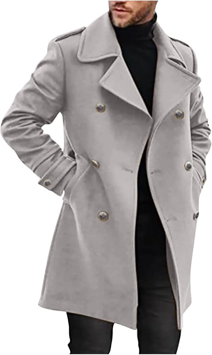 Dgoopd Men's Wool Blend Trench Coat Long Double Breasted Coat Vintage Peacoat Notch Lapel Jacket Casual Winter Coat