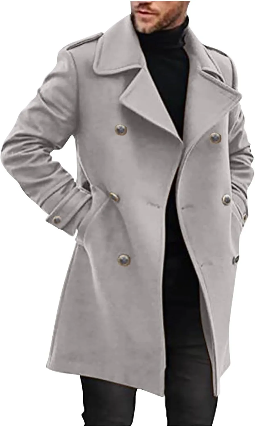 Dgoopd Men's Wool Blend Trench Coat Long Double Breasted Coat Vintage Peacoat Notch Lapel Jacket Casual Winter Coat
