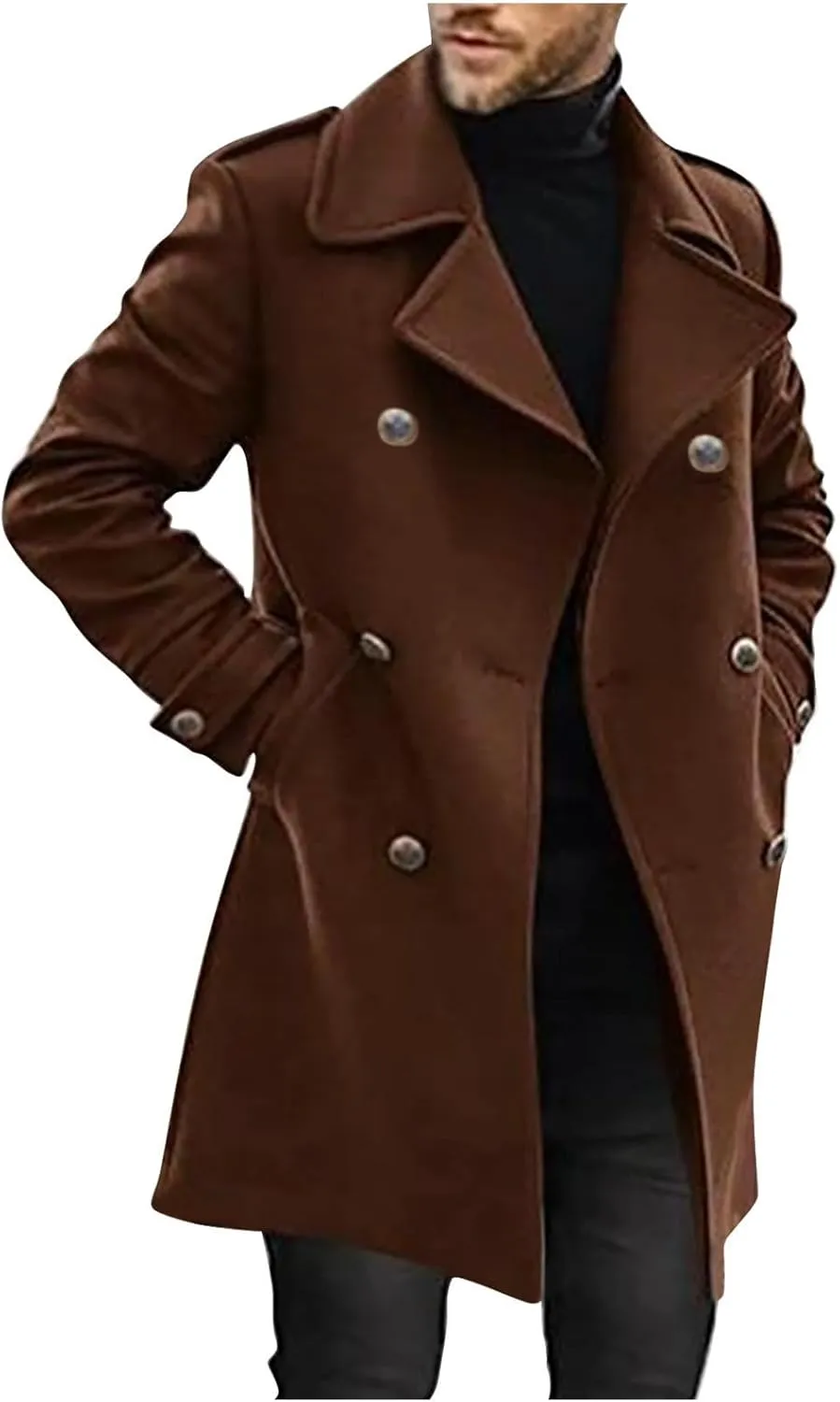 Dgoopd Men's Wool Blend Trench Coat Long Double Breasted Coat Vintage Peacoat Notch Lapel Jacket Casual Winter Coat
