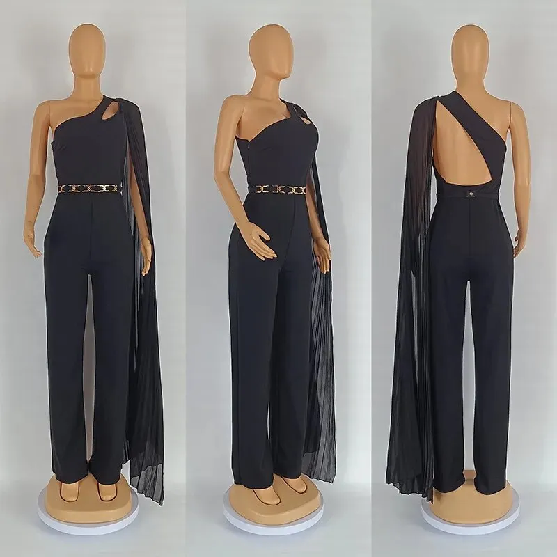 Diagonal Collar Open Back High Waist Pant Jumpsuit
