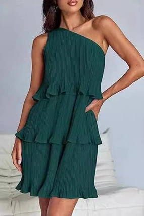 DIAGONAL SHOULDER TIERED PATCHWORK DRESS_CWDSD3999 DIAGONAL SHOULDER TIERED PATCHWORK DRESS_CWDSD3999