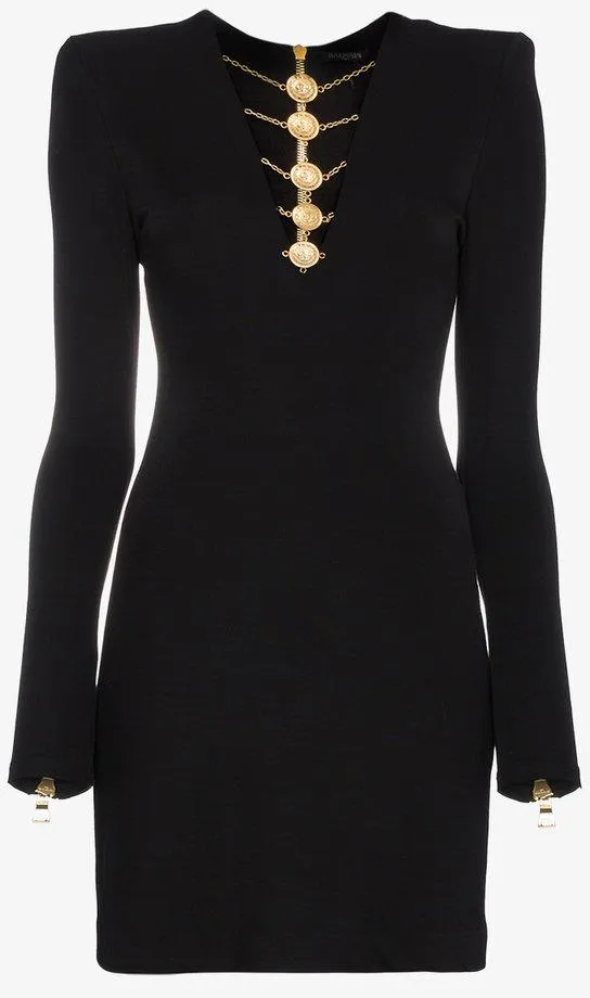 Disc Embellished V-Neck Mini Dress