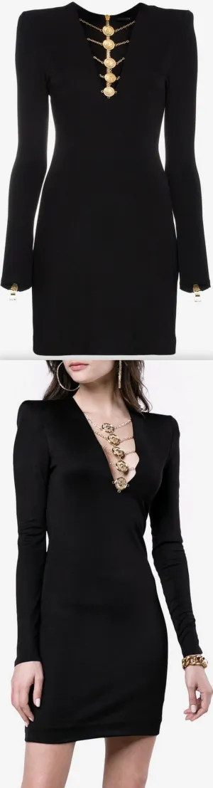 Disc Embellished V-Neck Mini Dress