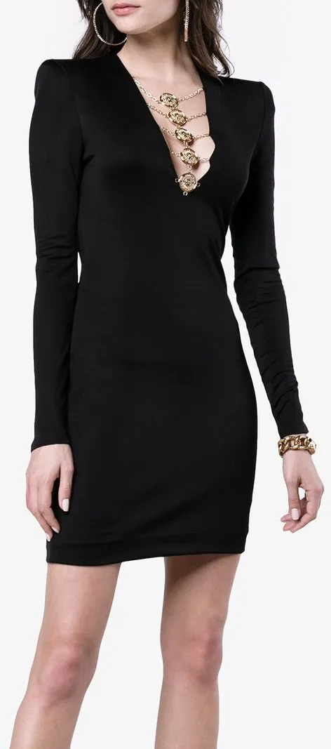 Disc Embellished V-Neck Mini Dress