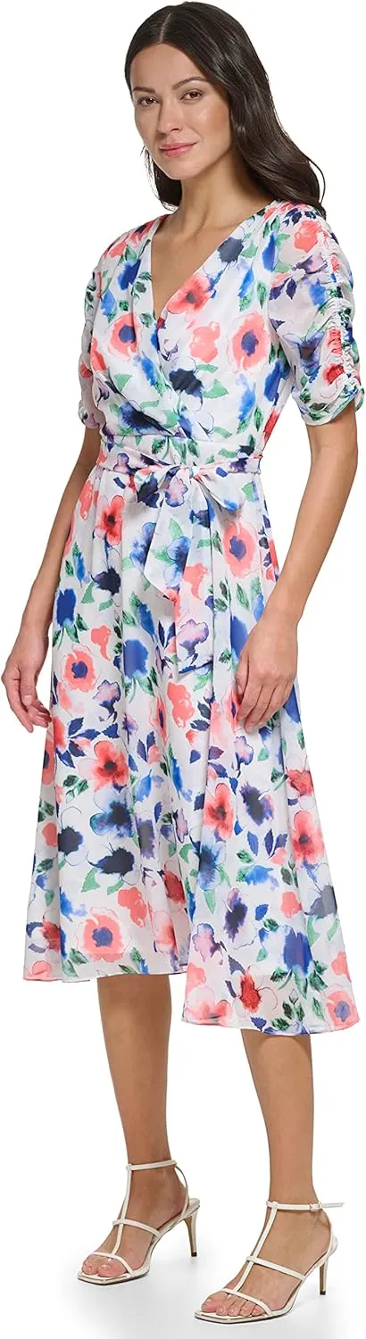 DKNY Women's V-Neck Short Puff Sleeve Dress