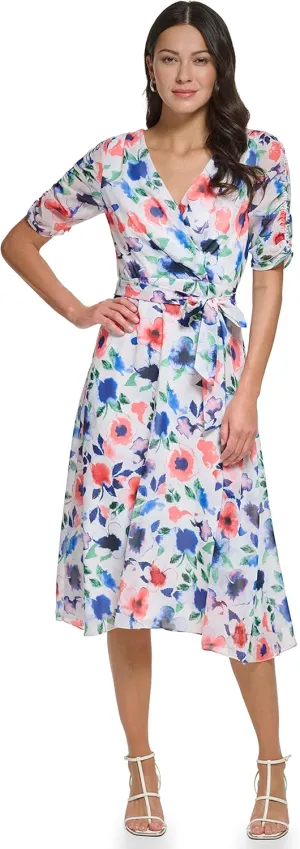 DKNY Women's V-Neck Short Puff Sleeve Dress