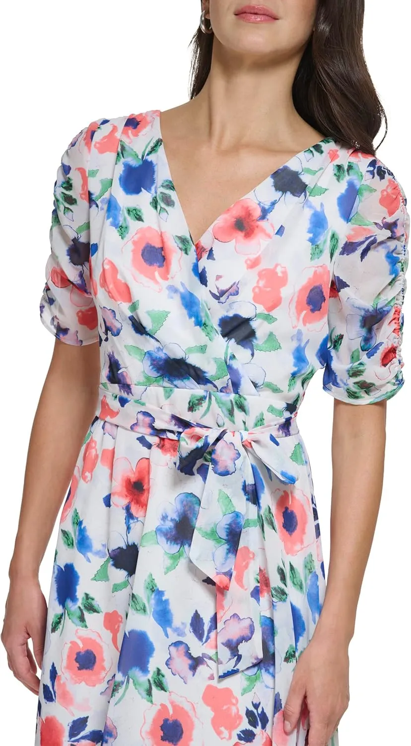 DKNY Women's V-Neck Short Puff Sleeve Dress