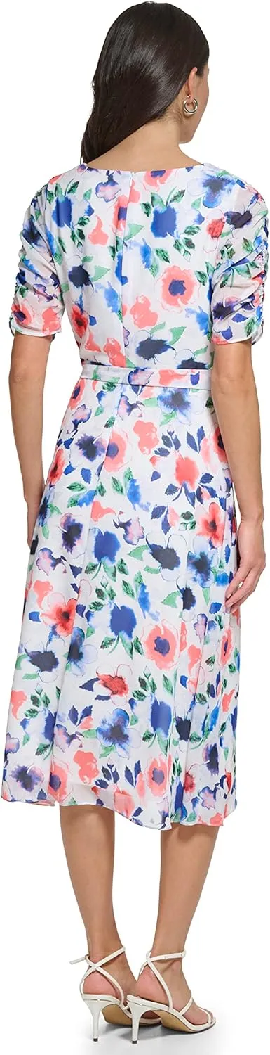 DKNY Women's V-Neck Short Puff Sleeve Dress
