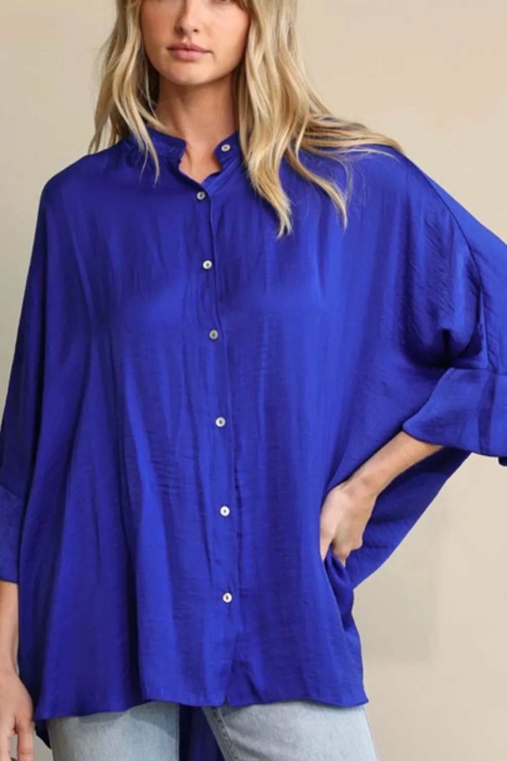 DOLMAN SLEEVE WASHED SATIN MANDARIN COLLAR BUTTON DOWN HILO TOP