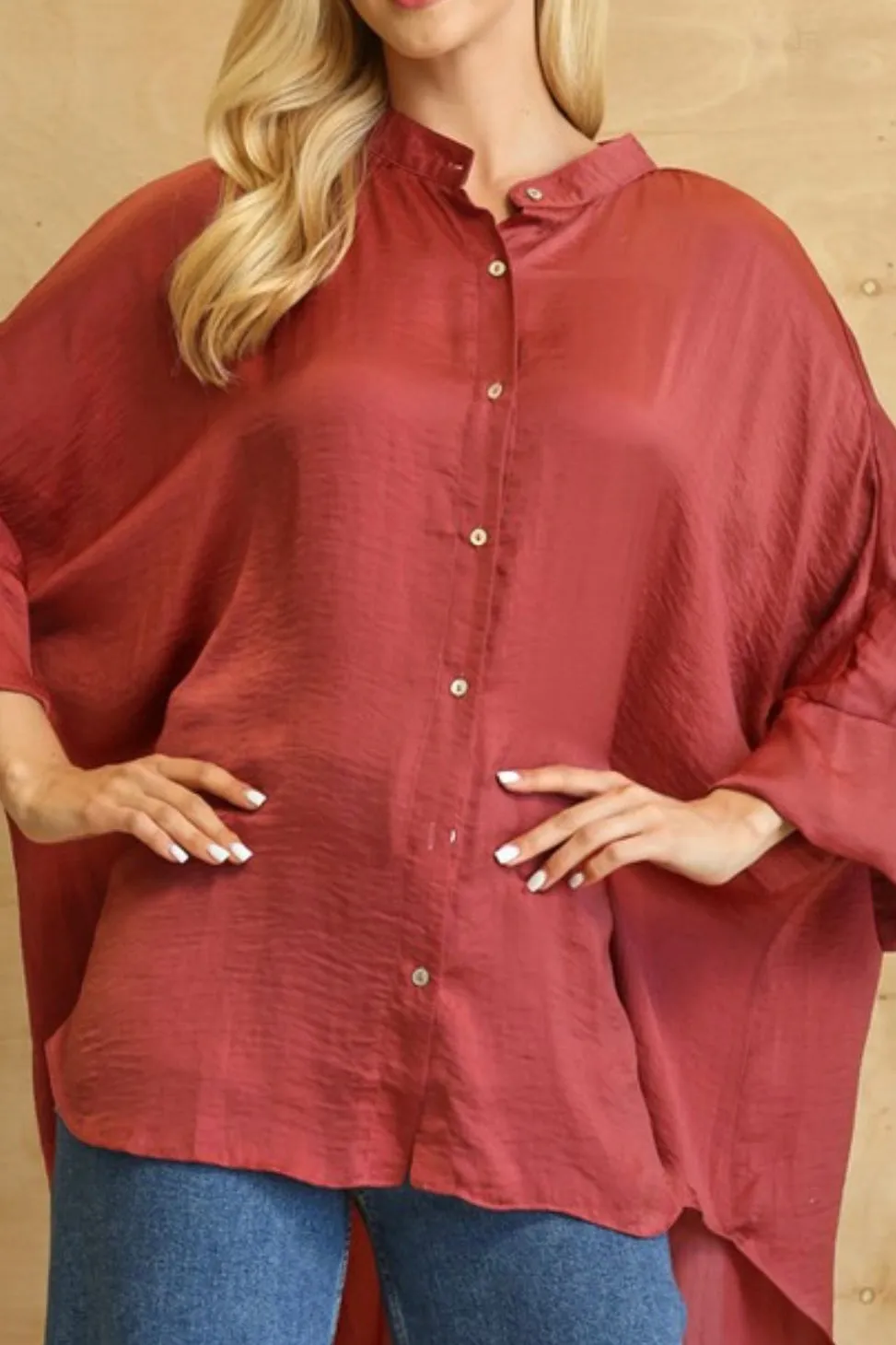DOLMAN SLEEVE WASHED SATIN MANDARIN COLLAR BUTTON DOWN HILO TOP