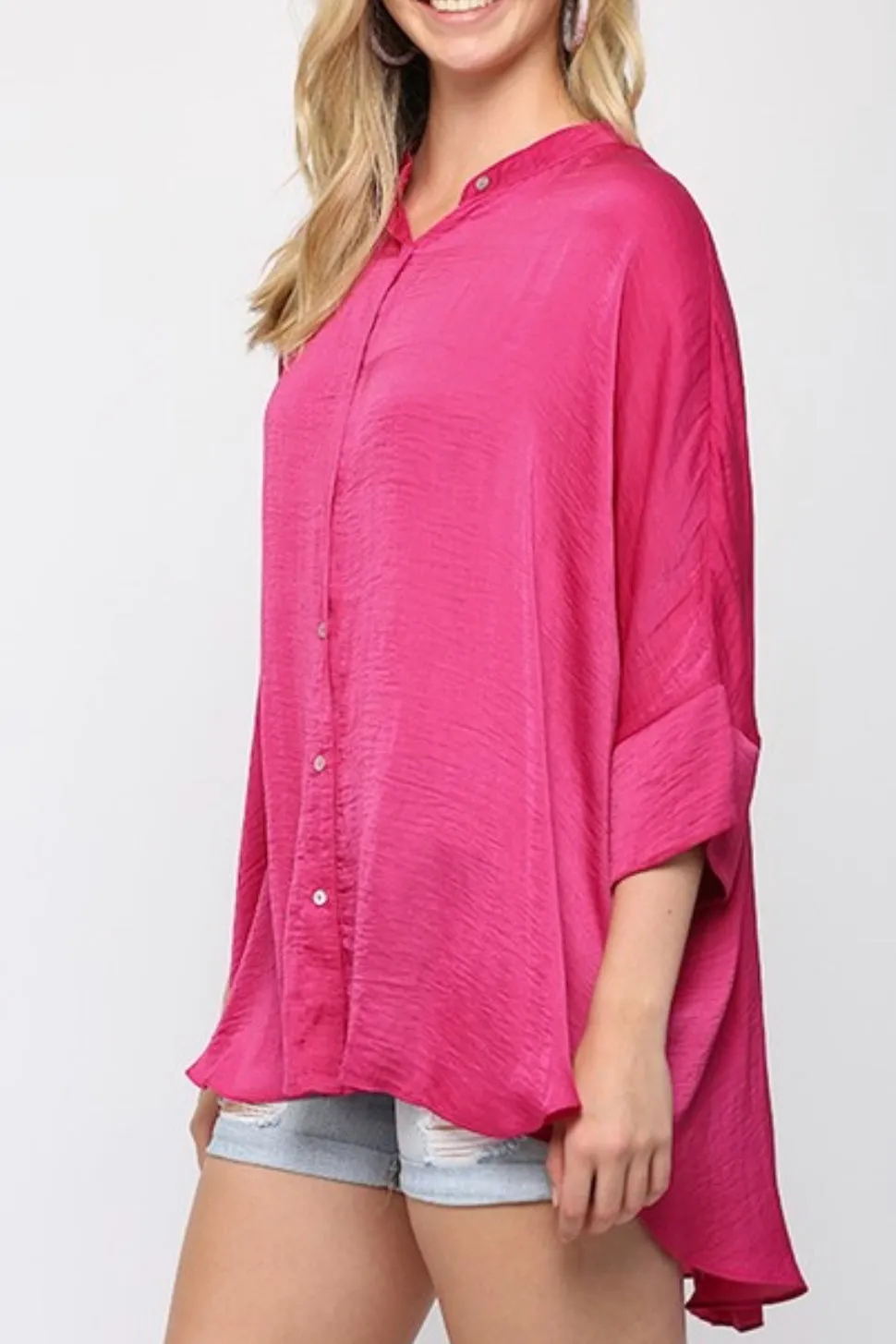 DOLMAN SLEEVE WASHED SATIN MANDARIN COLLAR BUTTON DOWN HILO TOP