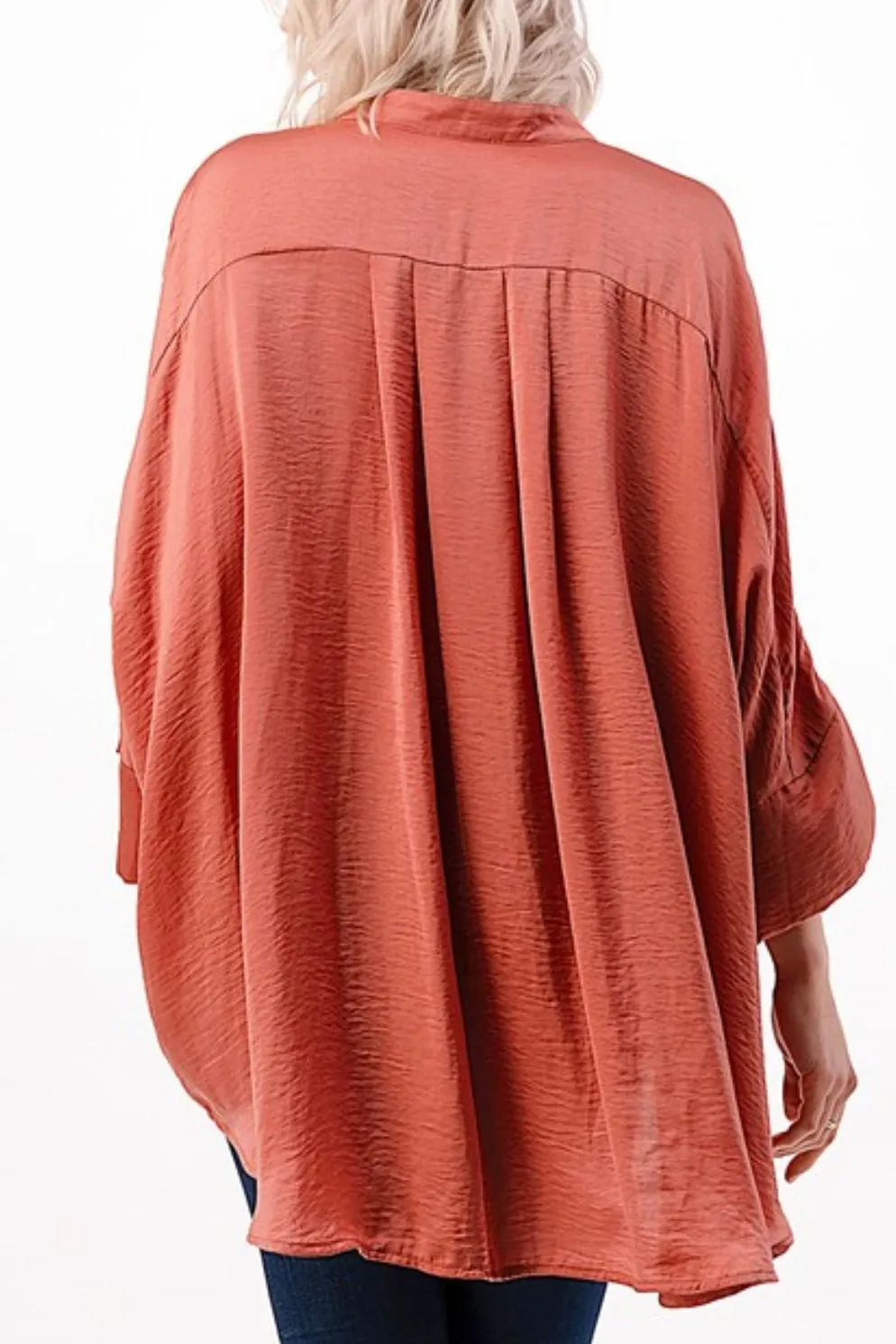 DOLMAN SLEEVE WASHED SATIN MANDARIN COLLAR BUTTON DOWN HILO TOP