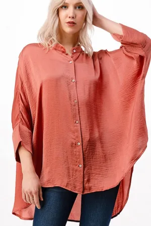 DOLMAN SLEEVE WASHED SATIN MANDARIN COLLAR BUTTON DOWN HILO TOP