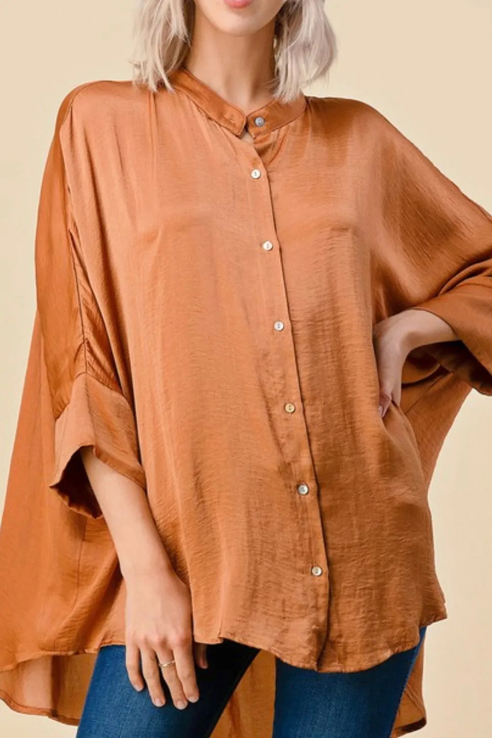 DOLMAN SLEEVE WASHED SATIN MANDARIN COLLAR BUTTON DOWN HILO TOP