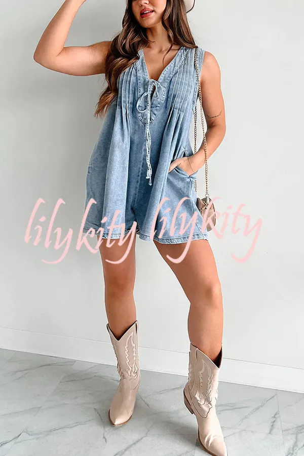Downtown Daze Denim Pleated Tie-up Pocketed Loose Romper