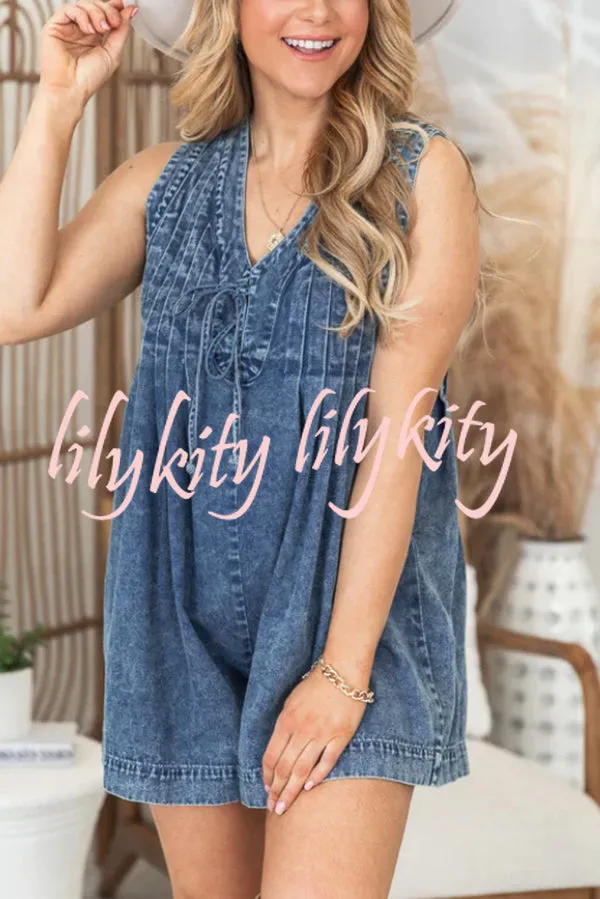 Downtown Daze Denim Pleated Tie-up Pocketed Loose Romper