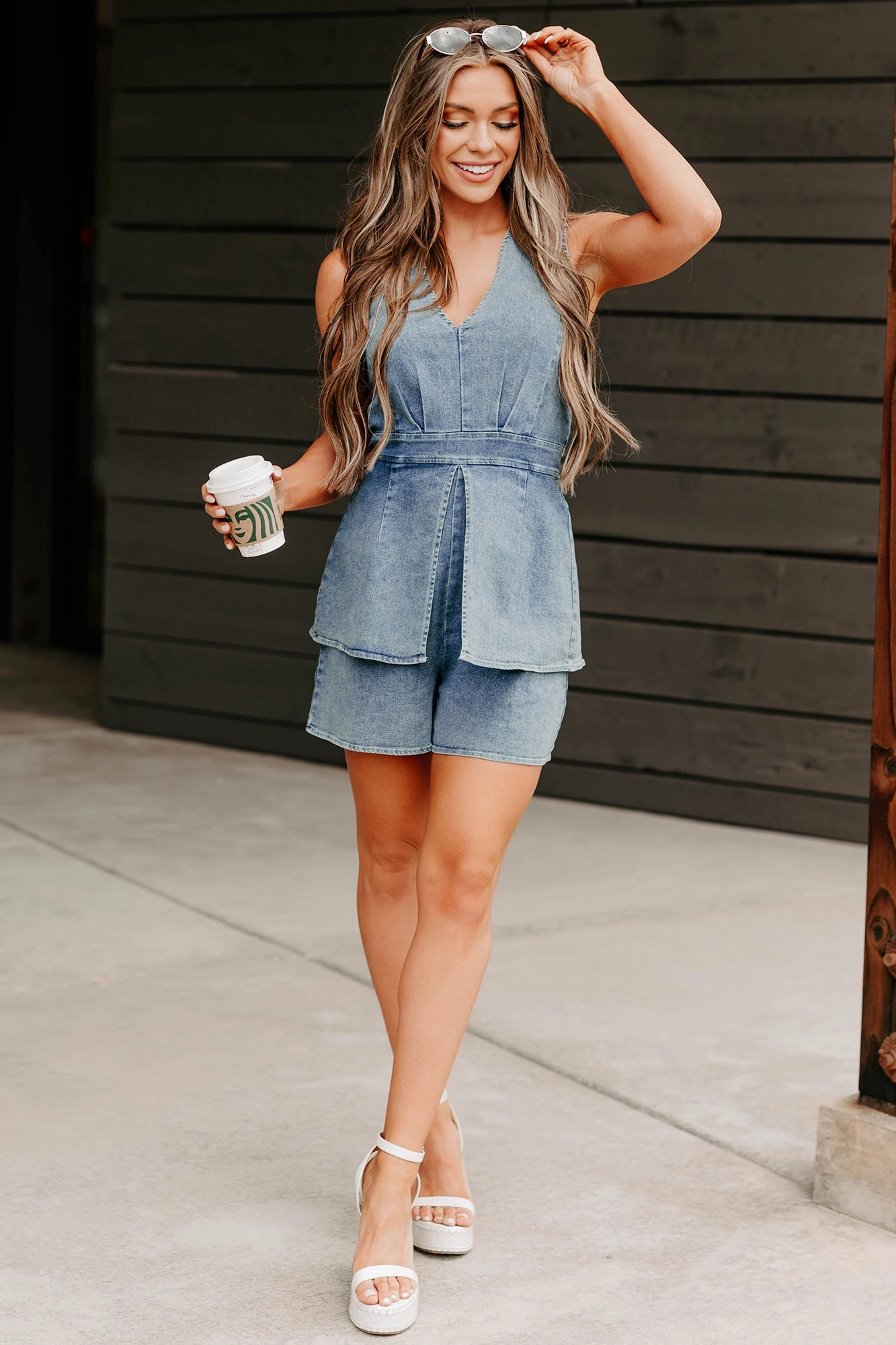 Drama In Denim Sleeveless Romper (Denim)