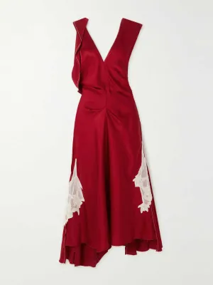 Draped lace-appliquéd satin midi dress