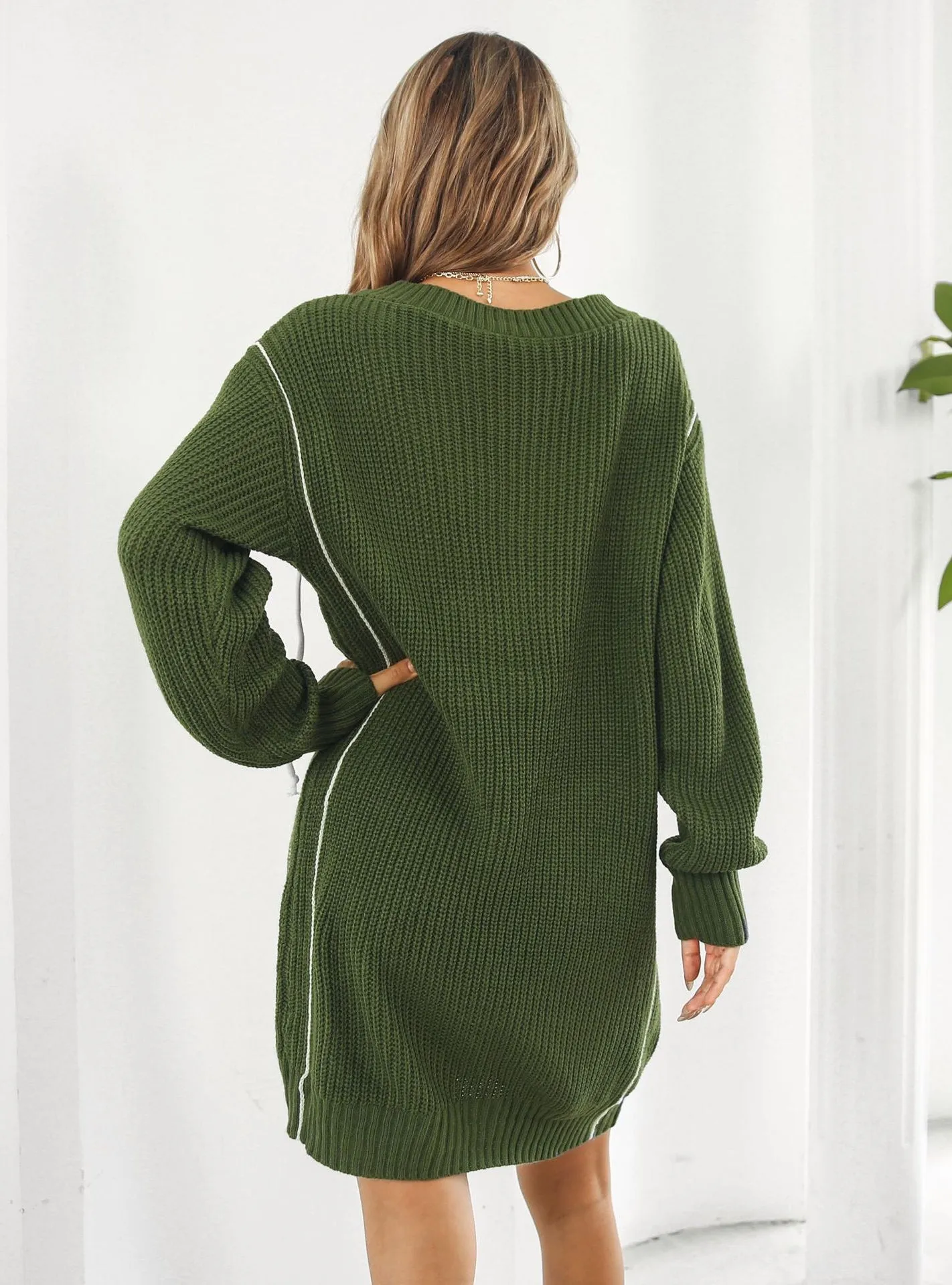 Drawstring V-neck Long Sleeve Sweater Dress