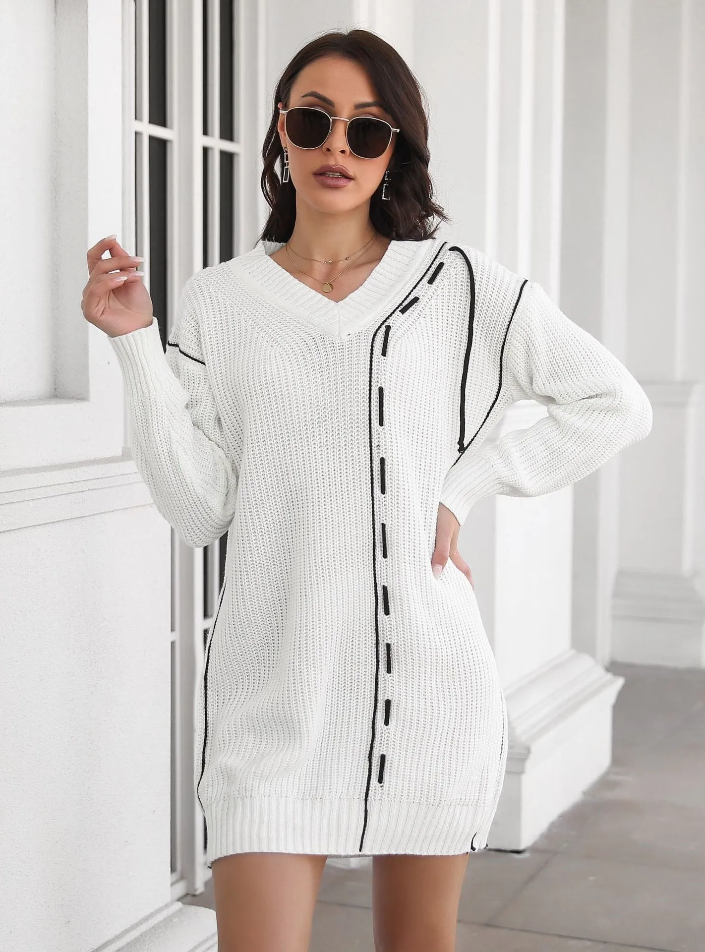 Drawstring V-neck Long Sleeve Sweater Dress