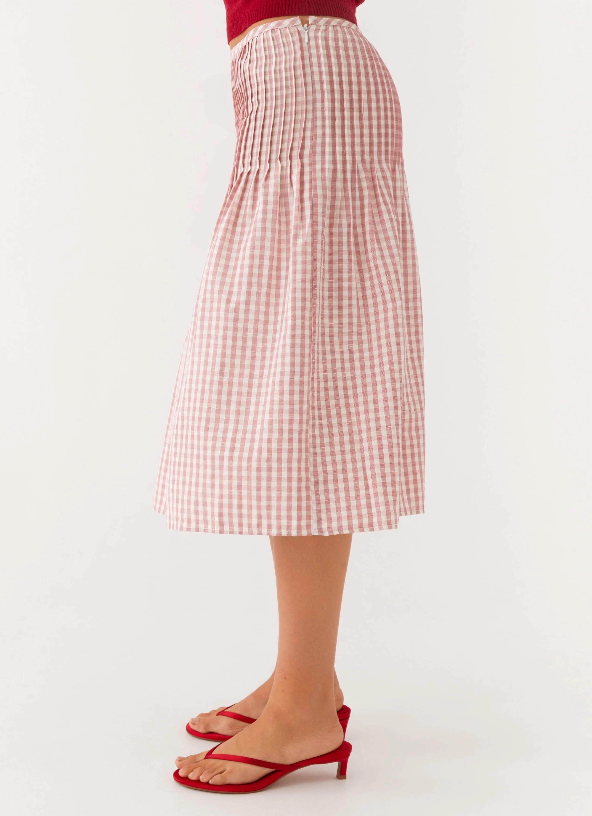 Dreamscape Midi Skirt - Maroon Gingham