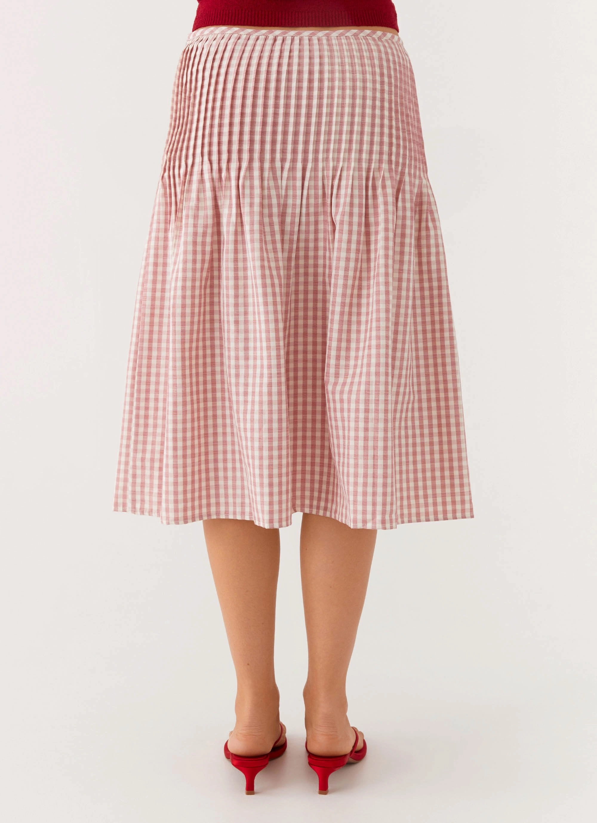 Dreamscape Midi Skirt - Maroon Gingham